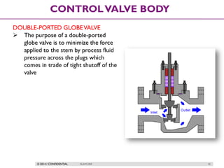 © 2014 / CONFIDENTIAL ISLAM DEIF 42
CONTROLVALVE BODY
DOUBLE-PORTED GLOBEVALVE
 The purpose of a double-ported
globe valve is to minimize the force
applied to the stem by process fluid
pressure across the plugs which
comes in trade of tight shutoff of the
valve
 