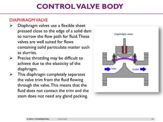 © 2014 / CONFIDENTIAL ISLAM DEIF 48
CONTROLVALVE BODY
DIAPHRAGMVALVE
 Diaphragm valves use a flexible sheet
pressed close to the edge of a solid dam
to narrow the flow path for fluid.These
valves are well suited for flows
containing solid particulate matter such
as slurries.
 Precise throttling may be difficult to
achieve due to the elasticity of the
diaphragm.
 This diaphragm completely separates
the valve trim from the fluid flowing
through the valve.This means that the
fluid does not contact the trim and the
stem does not need any gland packing.
 
