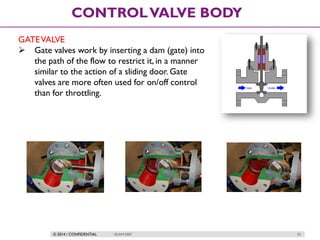 © 2014 / CONFIDENTIAL ISLAM DEIF 53
CONTROLVALVE BODY
GATEVALVE
 Gate valves work by inserting a dam (gate) into
the path of the flow to restrict it, in a manner
similar to the action of a sliding door. Gate
valves are more often used for on/off control
than for throttling.
 