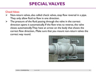 © 2014 / CONFIDENTIAL ISLAM DEIF 74
SPECIALVALVES
CheckValves
 Non-return valves, also called check valves, stop flow reversal in a pipe.
They only allow fluid to flow in one direction.
 The pressure of the fluid passing through the valve in the correct
direction opens it automatically.If the flow tries to reverse, the valve
closes automatically.They have an arrow on the body that shows the
correct flow direction,. Make sure that you mount non-return valves the
correct way round.
 