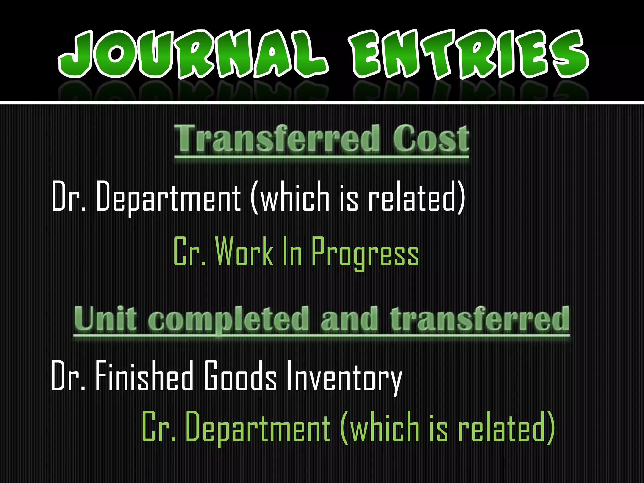 Dr. Department (which is related)
Cr. Work In Progress
Dr. Finished Goods Inventory
Cr. Department (which is related)
 