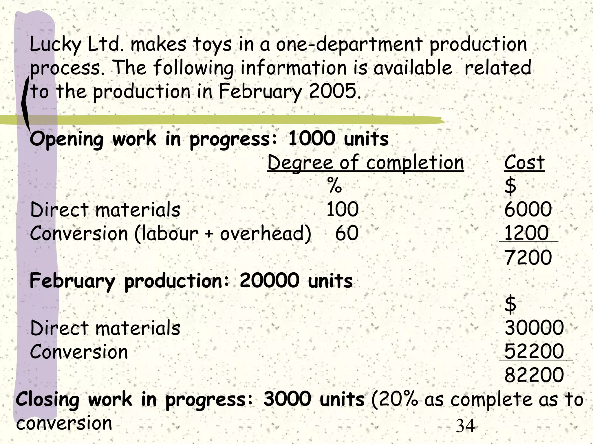 34
Lucky Ltd. makes toys in a one-department production
process. The following information is available related
to the production in February 2005.
Opening work in progress: 1000 units
Degree of completion Cost
% $
Direct materials 100 6000
Conversion (labour + overhead) 60 1200
February production: 20000 units
$
Direct materials 30000
Conversion 52200
82200
7200
Closing work in progress: 3000 units (20% as complete as to
conversion
 