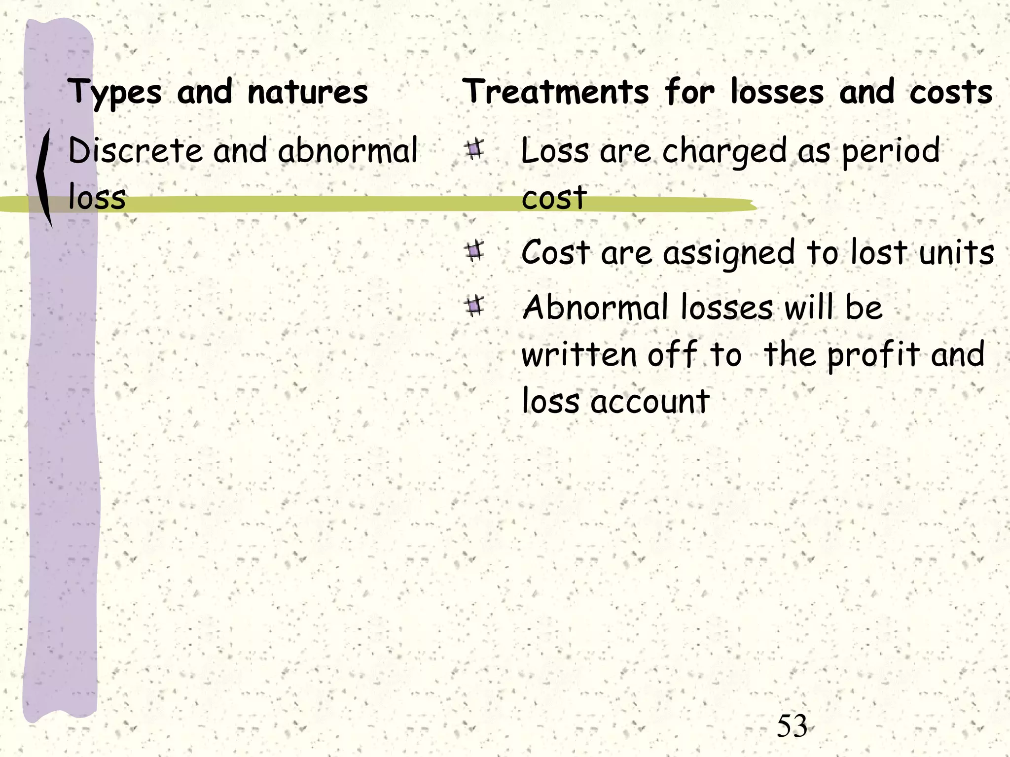 53
Types and natures Treatments for losses and costs
Discrete and abnormal
loss
Loss are charged as period
cost
Cost are assigned to lost units
Abnormal losses will be
written off to the profit and
loss account
 