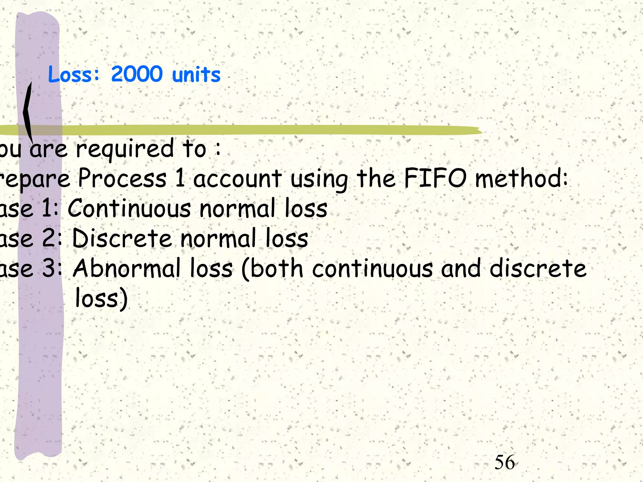 56
Loss: 2000 units
ou are required to :
repare Process 1 account using the FIFO method:
ase 1: Continuous normal loss
ase 2: Discrete normal loss
ase 3: Abnormal loss (both continuous and discrete
loss)
 