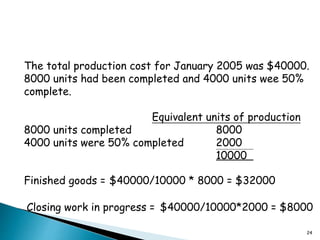 24
The total production cost for January 2005 was $40000.
8000 units had been completed and 4000 units wee 50%
complete.
Equivalent units of production
8000 units completed 8000
4000 units were 50% completed 2000
10000
Finished goods =
Closing work in progress =
$40000/10000 * 8000 = $32000
$40000/10000*2000 = $8000
 