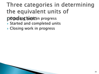  Opening work in progress
 Started and completed units
 Closing work in progress
25
 