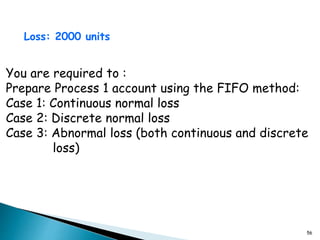 56
Loss: 2000 units
You are required to :
Prepare Process 1 account using the FIFO method:
Case 1: Continuous normal loss
Case 2: Discrete normal loss
Case 3: Abnormal loss (both continuous and discrete
loss)
 