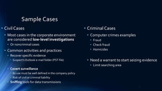 Sample Cases
• Civil Cases
• Most cases in the corporate environment
are considered low-level investigations
• Or noncriminal cases
• Common activities and practices
• Recover specific evidence
• Suspect’sOutlook e-mail folder (PST file)
• Covert surveillance
• Its use must be well defined in the company policy
• Risk of civil or criminal liability
• Sniffing tools for data transmissions
• Criminal Cases
• Computer crimes examples
• Fraud
• Check fraud
• Homicides
• Need a warrant to start seizing evidence
• Limit searching area
20
 