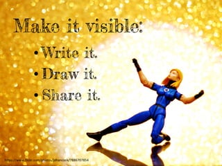 • Write it.
• Draw it.
• Share it.
Make it visible:
h"ps://www.ﬂickr.com/photos/jdhancock/7886707854	
  
 