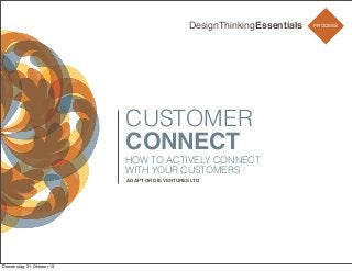 DesignThinkingEssentials

CUSTOMER
CONNECT
HOW TO ACTIVELY CONNECT
WITH YOUR CUSTOMERS
ADAPT OR DIE VENTURES LTD

Donnerstag, 31. Oktober 13

PROCESS
TEAM

 