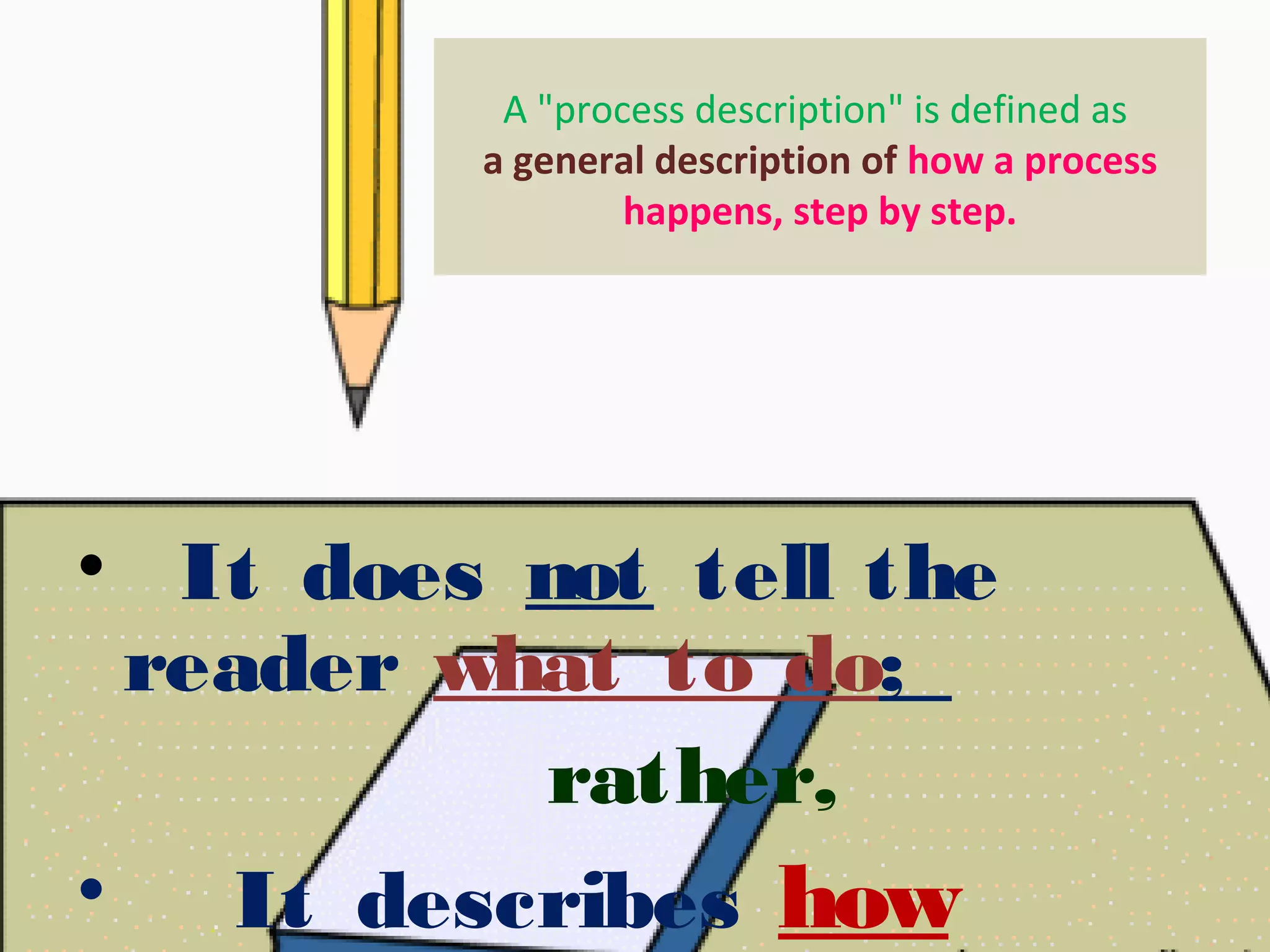 A "process description" is defined as
a general description of how a process
happens, step by step.

• It does  not  tell the
reader what to do;
rather,
•
It describes how

 