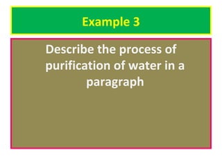 Example 3
Describe the process of
purification of water in a
paragraph

 