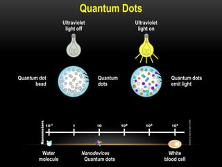 Quantum Dots
Ultraviolet
light off
White
blood cell
Water
molecule
Nanodevices
Quantum dots
Quantum dots
emit light
Ultraviolet
light on
Quantum
dots
Quantum dot
bead
 