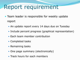 Report requirement
 Team leader is responsible for weekly update
report
 An update report every 14 days due on Tuesday
 Include percent progress (graphical representation)
 Each team member contribution
 Completed tasks
 Remaining tasks
 One page summary (electronically)
 Track hours for each members
 