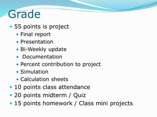 Grade
 55 points is project
 Final report
 Presentation
 Bi-Weekly update
 Documentation
 Percent contribution to project
 Simulation
 Calculation sheets
 10 points class attendance
 20 points midterm / Quiz
 15 points homework / Class mini projects
 
