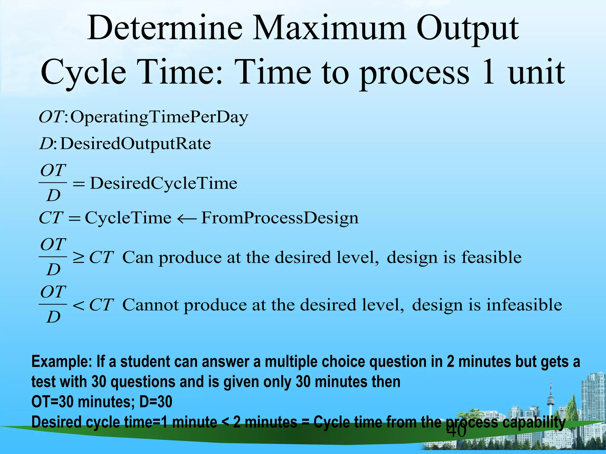 40
Determine Maximum Output
Cycle Time: Time to process 1 unit
Example: If a student can answer a multiple choice question in 2 minutes but gets a
test with 30 questions and is given only 30 minutes then
OT=30 minutes; D=30
Desired cycle time=1 minute < 2 minutes = Cycle time from the process capability
OT
D
OT
D
CT
OT
D
CT
OT
D
CT
:
:
OperatingTimePerDay
DesiredOutputRate
DesiredCycleTime
CycleTime FromProcessDesign
Can produce at the desired level, design is feasible
Cannot produce at the desired level, design is infeasible
=
= ←
≥
<
 