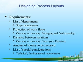 53
 Requirements:
 List of departments
 Shape requirements
 Projection of work flows
 One way vs. two way: Packaging and final assembly.
 Distance between locations
 One way vs. two way: Conveyors, Elevators.
 Amount of money to be invested
 List of special considerations
 Technical, Environmental requirements
Designing Process Layouts
 