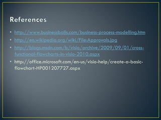 • http://www.businessballs.com/business-process-modelling.htm
• http://en.wikipedia.org/wiki/File:Approvals.jpg
• http://blogs.msdn.com/b/visio/archive/2009/09/01/cross-
  functional-flowcharts-in-visio-2010.aspx
• http://office.microsoft.com/en-us/visio-help/create-a-basic-
  flowchart-HP001207727.aspx
 