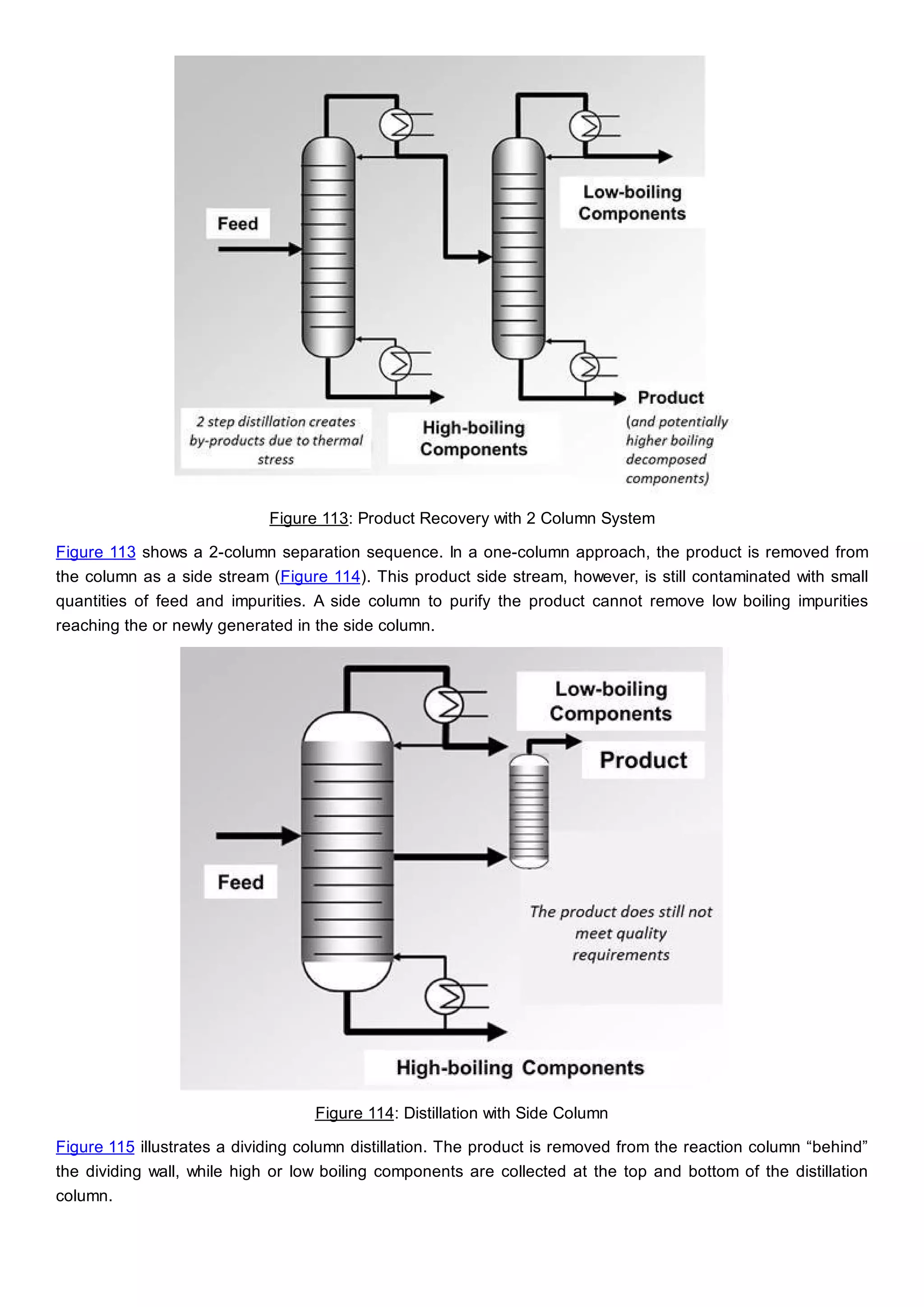 Figure 113: Product Recovery with 2 Column System
Figure 113 shows a 2-column separation sequence. In a one-column approach, the product is removed from
the column as a side stream (Figure 114). This product side stream, however, is still contaminated with small
quantities of feed and impurities. A side column to purify the product cannot remove low boiling impurities
reaching the or newly generated in the side column.
Figure 114: Distillation with Side Column
Figure 115 illustrates a dividing column distillation. The product is removed from the reaction column “behind”
the dividing wall, while high or low boiling components are collected at the top and bottom of the distillation
column.
 