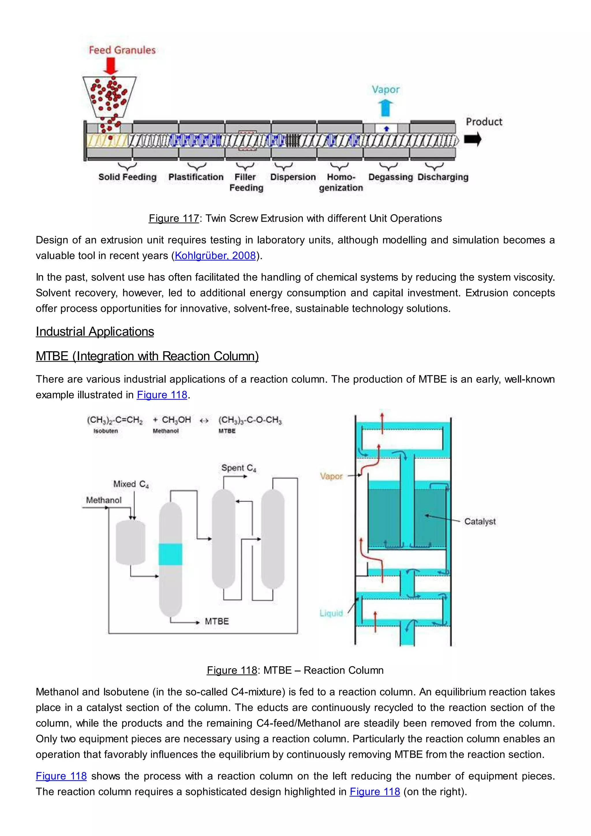 Figure 117: Twin Screw Extrusion with different Unit Operations
Design of an extrusion unit requires testing in laboratory units, although modelling and simulation becomes a
valuable tool in recent years (Kohlgrüber, 2008).
In the past, solvent use has often facilitated the handling of chemical systems by reducing the system viscosity.
Solvent recovery, however, led to additional energy consumption and capital investment. Extrusion concepts
offer process opportunities for innovative, solvent-free, sustainable technology solutions.
Industrial Applications
MTBE (Integration with Reaction Column)
There are various industrial applications of a reaction column. The production of MTBE is an early, well-known
example illustrated in Figure 118.
Figure 118: MTBE – Reaction Column
Methanol and Isobutene (in the so-called C4-mixture) is fed to a reaction column. An equilibrium reaction takes
place in a catalyst section of the column. The educts are continuously recycled to the reaction section of the
column, while the products and the remaining C4-feed/Methanol are steadily been removed from the column.
Only two equipment pieces are necessary using a reaction column. Particularly the reaction column enables an
operation that favorably influences the equilibrium by continuously removing MTBE from the reaction section.
Figure 118 shows the process with a reaction column on the left reducing the number of equipment pieces.
The reaction column requires a sophisticated design highlighted in Figure 118 (on the right).
 