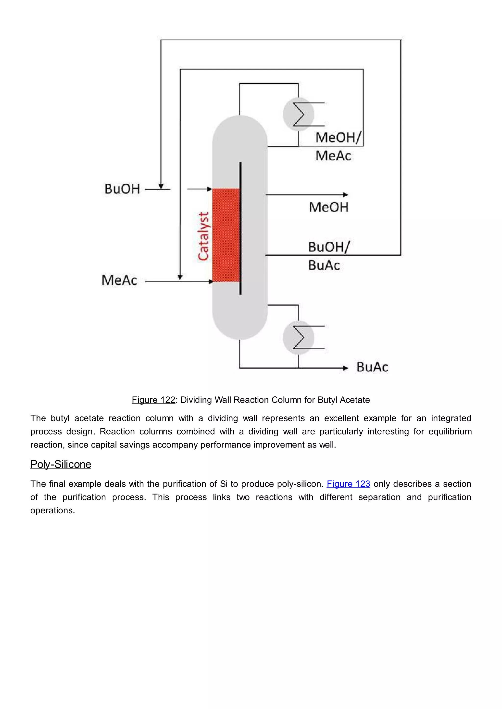 Figure 122: Dividing Wall Reaction Column for Butyl Acetate
The butyl acetate reaction column with a dividing wall represents an excellent example for an integrated
process design. Reaction columns combined with a dividing wall are particularly interesting for equilibrium
reaction, since capital savings accompany performance improvement as well.
Poly-Silicone
The final example deals with the purification of Si to produce poly-silicon. Figure 123 only describes a section
of the purification process. This process links two reactions with different separation and purification
operations.
 