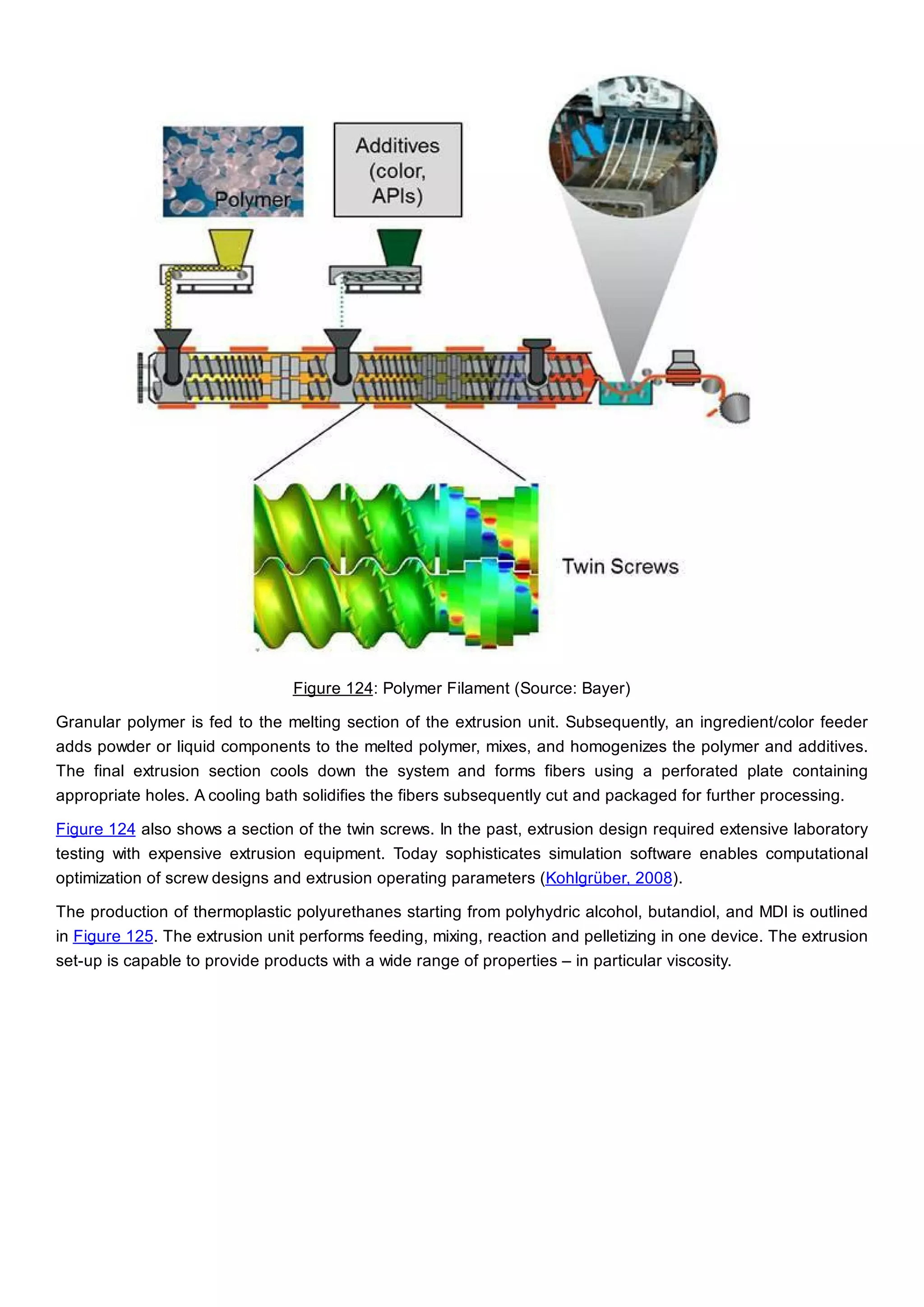 Figure 124: Polymer Filament (Source: Bayer)
Granular polymer is fed to the melting section of the extrusion unit. Subsequently, an ingredient/color feeder
adds powder or liquid components to the melted polymer, mixes, and homogenizes the polymer and additives.
The final extrusion section cools down the system and forms fibers using a perforated plate containing
appropriate holes. A cooling bath solidifies the fibers subsequently cut and packaged for further processing.
Figure 124 also shows a section of the twin screws. In the past, extrusion design required extensive laboratory
testing with expensive extrusion equipment. Today sophisticates simulation software enables computational
optimization of screw designs and extrusion operating parameters (Kohlgrüber, 2008).
The production of thermoplastic polyurethanes starting from polyhydric alcohol, butandiol, and MDI is outlined
in Figure 125. The extrusion unit performs feeding, mixing, reaction and pelletizing in one device. The extrusion
set-up is capable to provide products with a wide range of properties – in particular viscosity.
 