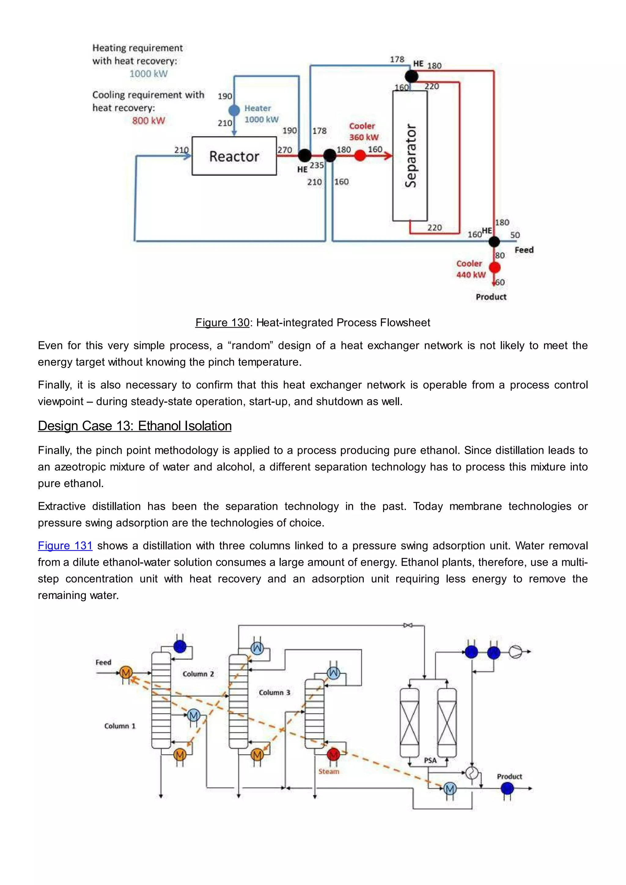 Figure 130: Heat-integrated Process Flowsheet
Even for this very simple process, a “random” design of a heat exchanger network is not likely to meet the
energy target without knowing the pinch temperature.
Finally, it is also necessary to confirm that this heat exchanger network is operable from a process control
viewpoint – during steady-state operation, start-up, and shutdown as well.
Design Case 13: Ethanol Isolation
Finally, the pinch point methodology is applied to a process producing pure ethanol. Since distillation leads to
an azeotropic mixture of water and alcohol, a different separation technology has to process this mixture into
pure ethanol.
Extractive distillation has been the separation technology in the past. Today membrane technologies or
pressure swing adsorption are the technologies of choice.
Figure 131 shows a distillation with three columns linked to a pressure swing adsorption unit. Water removal
from a dilute ethanol-water solution consumes a large amount of energy. Ethanol plants, therefore, use a multi-
step concentration unit with heat recovery and an adsorption unit requiring less energy to remove the
remaining water.
 
