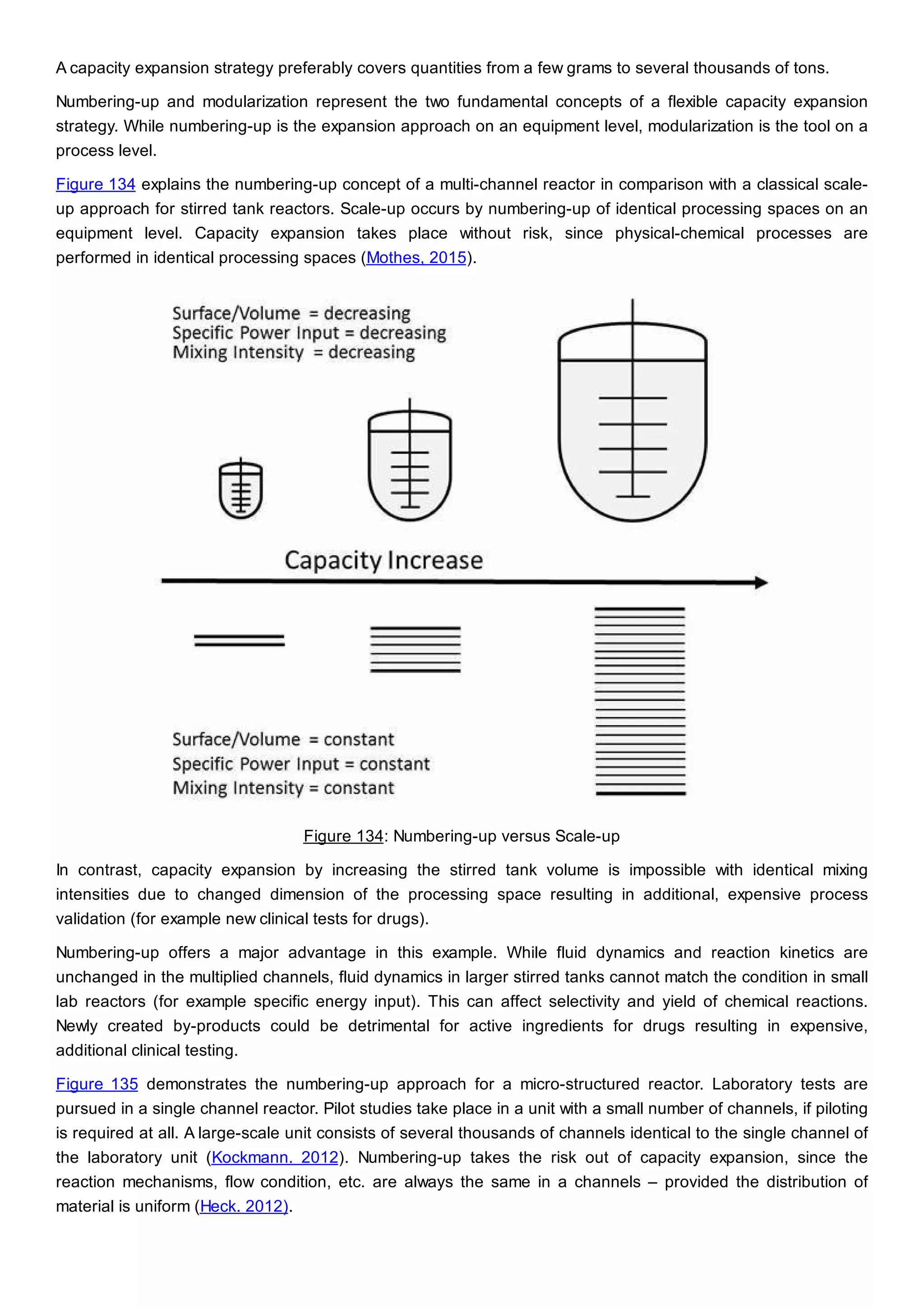 A capacity expansion strategy preferably covers quantities from a few grams to several thousands of tons.
Numbering-up and modularization represent the two fundamental concepts of a flexible capacity expansion
strategy. While numbering-up is the expansion approach on an equipment level, modularization is the tool on a
process level.
Figure 134 explains the numbering-up concept of a multi-channel reactor in comparison with a classical scale-
up approach for stirred tank reactors. Scale-up occurs by numbering-up of identical processing spaces on an
equipment level. Capacity expansion takes place without risk, since physical-chemical processes are
performed in identical processing spaces (Mothes, 2015).
Figure 134: Numbering-up versus Scale-up
In contrast, capacity expansion by increasing the stirred tank volume is impossible with identical mixing
intensities due to changed dimension of the processing space resulting in additional, expensive process
validation (for example new clinical tests for drugs).
Numbering-up offers a major advantage in this example. While fluid dynamics and reaction kinetics are
unchanged in the multiplied channels, fluid dynamics in larger stirred tanks cannot match the condition in small
lab reactors (for example specific energy input). This can affect selectivity and yield of chemical reactions.
Newly created by-products could be detrimental for active ingredients for drugs resulting in expensive,
additional clinical testing.
Figure 135 demonstrates the numbering-up approach for a micro-structured reactor. Laboratory tests are
pursued in a single channel reactor. Pilot studies take place in a unit with a small number of channels, if piloting
is required at all. A large-scale unit consists of several thousands of channels identical to the single channel of
the laboratory unit (Kockmann. 2012). Numbering-up takes the risk out of capacity expansion, since the
reaction mechanisms, flow condition, etc. are always the same in a channels – provided the distribution of
material is uniform (Heck. 2012).
 