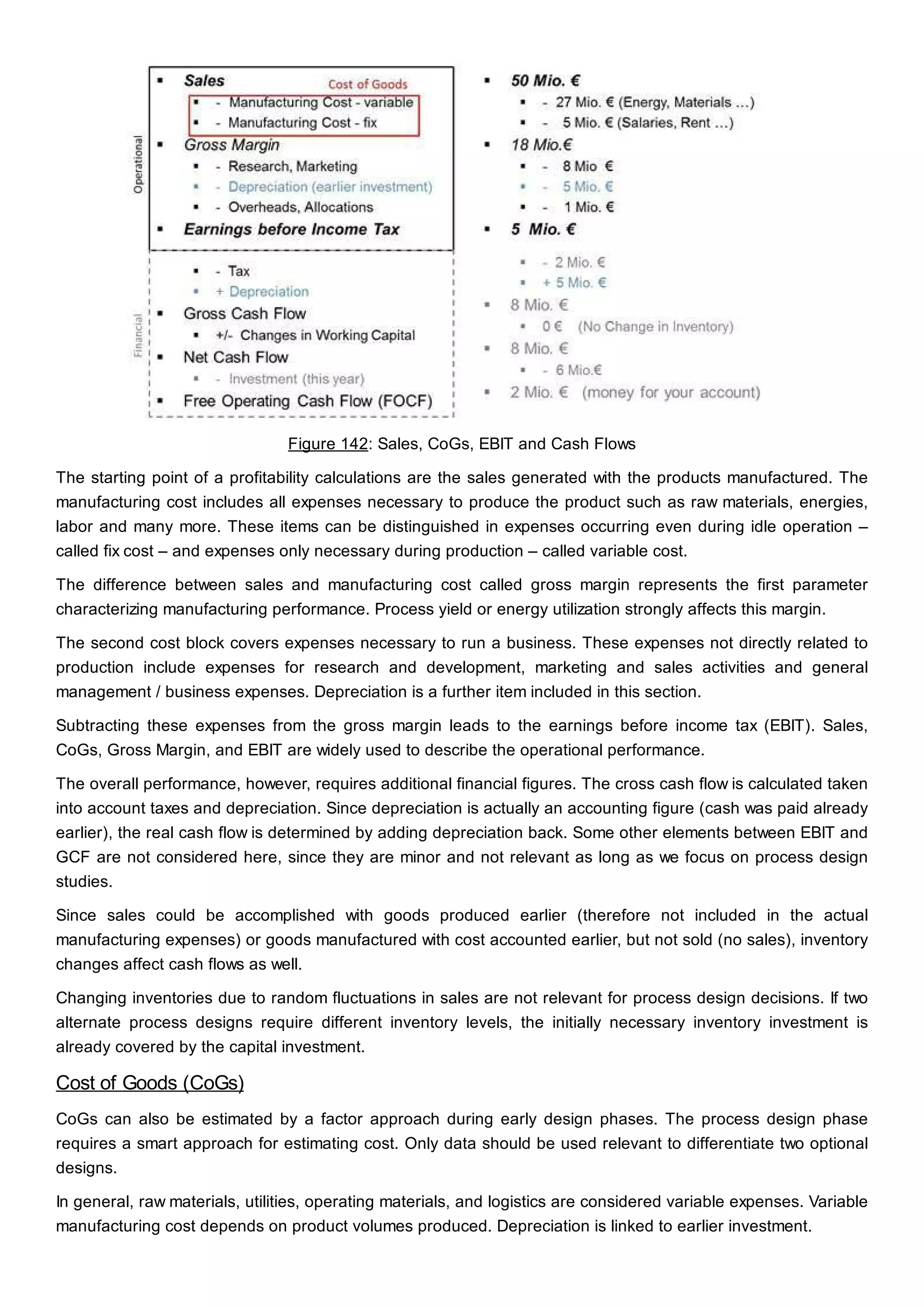 Figure 142: Sales, CoGs, EBIT and Cash Flows
The starting point of a profitability calculations are the sales generated with the products manufactured. The
manufacturing cost includes all expenses necessary to produce the product such as raw materials, energies,
labor and many more. These items can be distinguished in expenses occurring even during idle operation –
called fix cost – and expenses only necessary during production – called variable cost.
The difference between sales and manufacturing cost called gross margin represents the first parameter
characterizing manufacturing performance. Process yield or energy utilization strongly affects this margin.
The second cost block covers expenses necessary to run a business. These expenses not directly related to
production include expenses for research and development, marketing and sales activities and general
management / business expenses. Depreciation is a further item included in this section.
Subtracting these expenses from the gross margin leads to the earnings before income tax (EBIT). Sales,
CoGs, Gross Margin, and EBIT are widely used to describe the operational performance.
The overall performance, however, requires additional financial figures. The cross cash flow is calculated taken
into account taxes and depreciation. Since depreciation is actually an accounting figure (cash was paid already
earlier), the real cash flow is determined by adding depreciation back. Some other elements between EBIT and
GCF are not considered here, since they are minor and not relevant as long as we focus on process design
studies.
Since sales could be accomplished with goods produced earlier (therefore not included in the actual
manufacturing expenses) or goods manufactured with cost accounted earlier, but not sold (no sales), inventory
changes affect cash flows as well.
Changing inventories due to random fluctuations in sales are not relevant for process design decisions. If two
alternate process designs require different inventory levels, the initially necessary inventory investment is
already covered by the capital investment.
Cost of Goods (CoGs)
CoGs can also be estimated by a factor approach during early design phases. The process design phase
requires a smart approach for estimating cost. Only data should be used relevant to differentiate two optional
designs.
In general, raw materials, utilities, operating materials, and logistics are considered variable expenses. Variable
manufacturing cost depends on product volumes produced. Depreciation is linked to earlier investment.
 