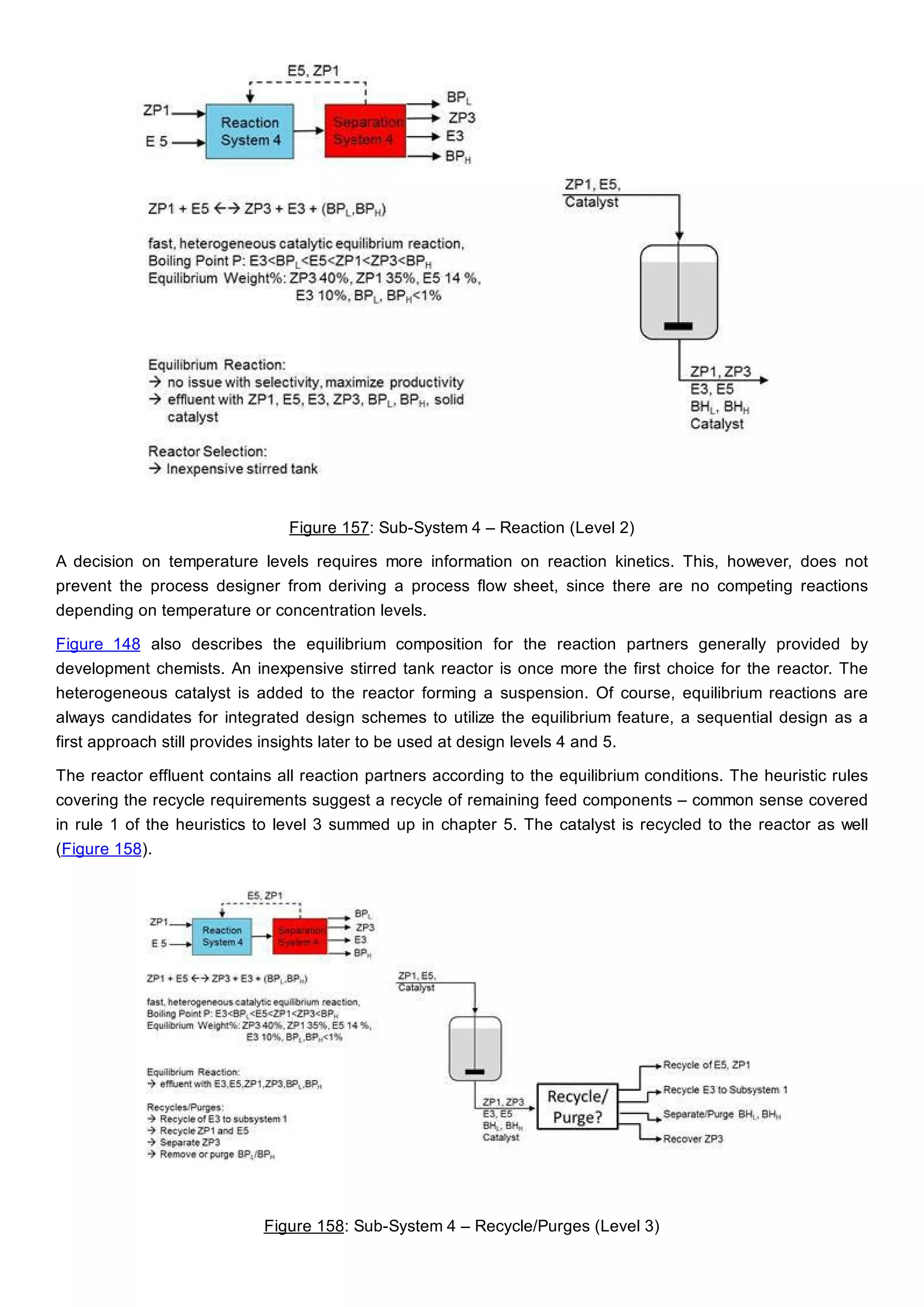 Figure 157: Sub-System 4 – Reaction (Level 2)
A decision on temperature levels requires more information on reaction kinetics. This, however, does not
prevent the process designer from deriving a process flow sheet, since there are no competing reactions
depending on temperature or concentration levels.
Figure 148 also describes the equilibrium composition for the reaction partners generally provided by
development chemists. An inexpensive stirred tank reactor is once more the first choice for the reactor. The
heterogeneous catalyst is added to the reactor forming a suspension. Of course, equilibrium reactions are
always candidates for integrated design schemes to utilize the equilibrium feature, a sequential design as a
first approach still provides insights later to be used at design levels 4 and 5.
The reactor effluent contains all reaction partners according to the equilibrium conditions. The heuristic rules
covering the recycle requirements suggest a recycle of remaining feed components – common sense covered
in rule 1 of the heuristics to level 3 summed up in chapter 5. The catalyst is recycled to the reactor as well
(Figure 158).
Figure 158: Sub-System 4 – Recycle/Purges (Level 3)
 