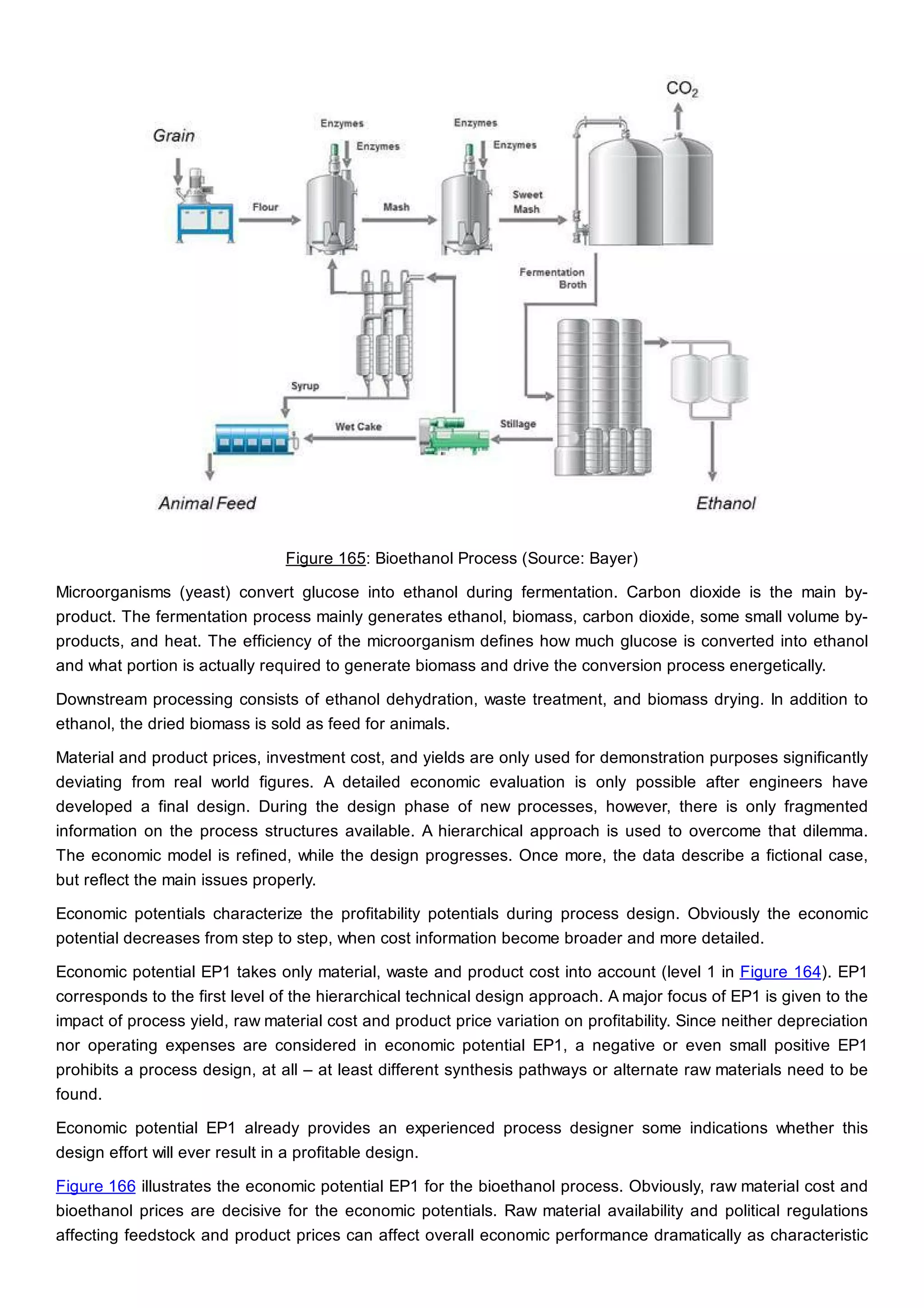 Figure 165: Bioethanol Process (Source: Bayer)
Microorganisms (yeast) convert glucose into ethanol during fermentation. Carbon dioxide is the main by-
product. The fermentation process mainly generates ethanol, biomass, carbon dioxide, some small volume by-
products, and heat. The efficiency of the microorganism defines how much glucose is converted into ethanol
and what portion is actually required to generate biomass and drive the conversion process energetically.
Downstream processing consists of ethanol dehydration, waste treatment, and biomass drying. In addition to
ethanol, the dried biomass is sold as feed for animals.
Material and product prices, investment cost, and yields are only used for demonstration purposes significantly
deviating from real world figures. A detailed economic evaluation is only possible after engineers have
developed a final design. During the design phase of new processes, however, there is only fragmented
information on the process structures available. A hierarchical approach is used to overcome that dilemma.
The economic model is refined, while the design progresses. Once more, the data describe a fictional case,
but reflect the main issues properly.
Economic potentials characterize the profitability potentials during process design. Obviously the economic
potential decreases from step to step, when cost information become broader and more detailed.
Economic potential EP1 takes only material, waste and product cost into account (level 1 in Figure 164). EP1
corresponds to the first level of the hierarchical technical design approach. A major focus of EP1 is given to the
impact of process yield, raw material cost and product price variation on profitability. Since neither depreciation
nor operating expenses are considered in economic potential EP1, a negative or even small positive EP1
prohibits a process design, at all – at least different synthesis pathways or alternate raw materials need to be
found.
Economic potential EP1 already provides an experienced process designer some indications whether this
design effort will ever result in a profitable design.
Figure 166 illustrates the economic potential EP1 for the bioethanol process. Obviously, raw material cost and
bioethanol prices are decisive for the economic potentials. Raw material availability and political regulations
affecting feedstock and product prices can affect overall economic performance dramatically as characteristic
 