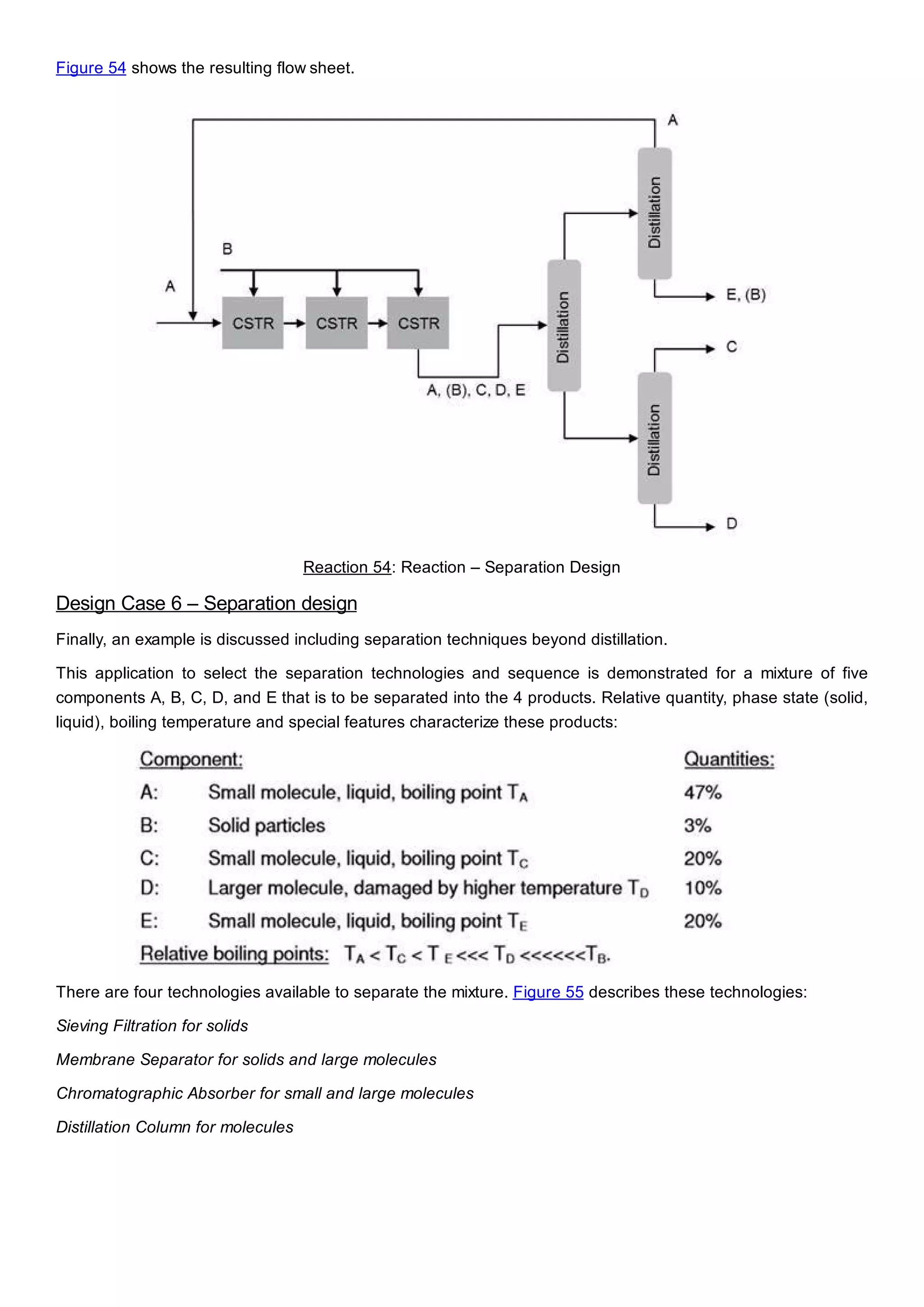 Figure 54 shows the resulting flow sheet.
Reaction 54: Reaction – Separation Design
Design Case 6 – Separation design
Finally, an example is discussed including separation techniques beyond distillation.
This application to select the separation technologies and sequence is demonstrated for a mixture of five
components A, B, C, D, and E that is to be separated into the 4 products. Relative quantity, phase state (solid,
liquid), boiling temperature and special features characterize these products:
There are four technologies available to separate the mixture. Figure 55 describes these technologies:
Sieving Filtration for solids
Membrane Separator for solids and large molecules
Chromatographic Absorber for small and large molecules
Distillation Column for molecules
 