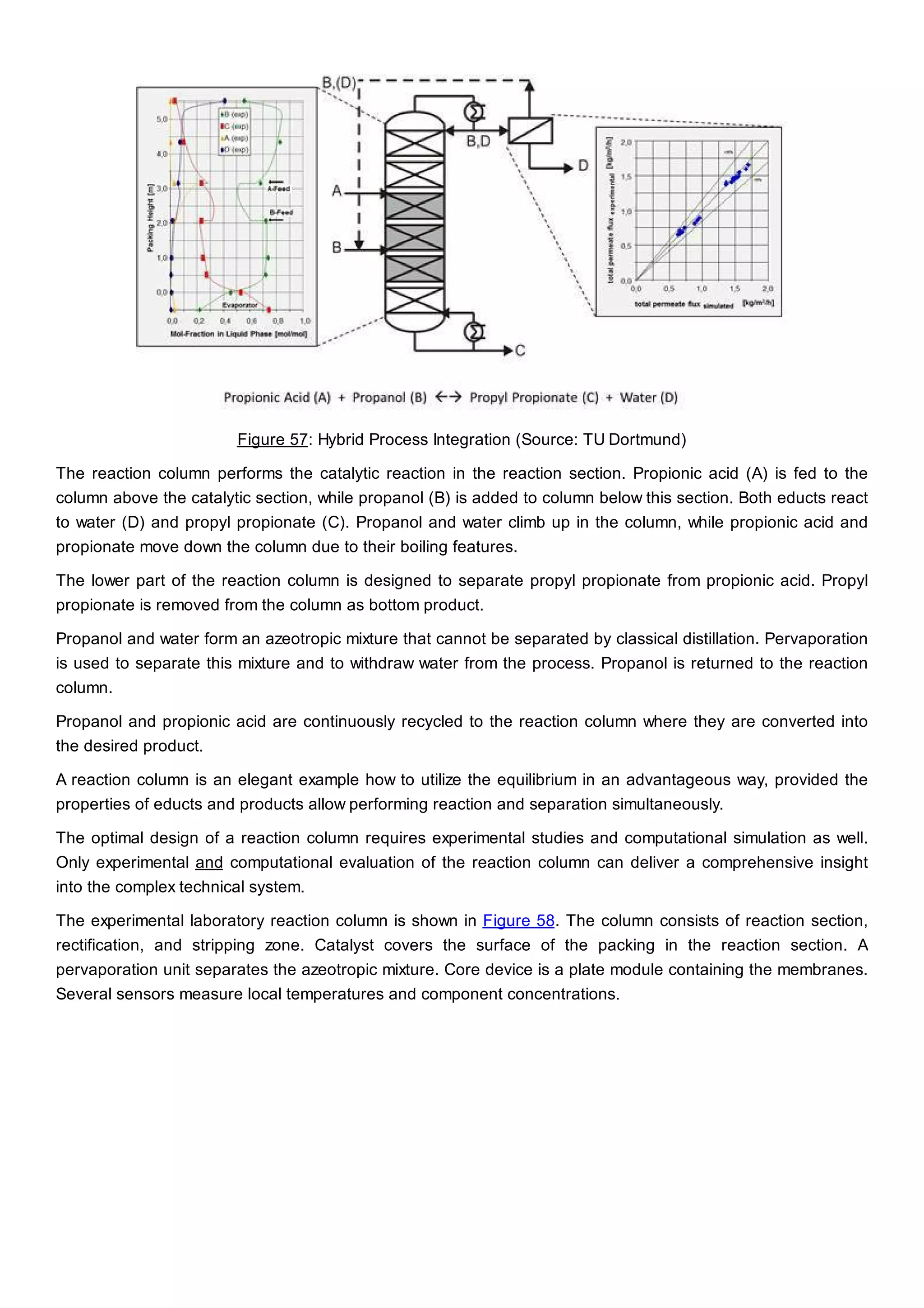 Figure 57: Hybrid Process Integration (Source: TU Dortmund)
The reaction column performs the catalytic reaction in the reaction section. Propionic acid (A) is fed to the
column above the catalytic section, while propanol (B) is added to column below this section. Both educts react
to water (D) and propyl propionate (C). Propanol and water climb up in the column, while propionic acid and
propionate move down the column due to their boiling features.
The lower part of the reaction column is designed to separate propyl propionate from propionic acid. Propyl
propionate is removed from the column as bottom product.
Propanol and water form an azeotropic mixture that cannot be separated by classical distillation. Pervaporation
is used to separate this mixture and to withdraw water from the process. Propanol is returned to the reaction
column.
Propanol and propionic acid are continuously recycled to the reaction column where they are converted into
the desired product.
A reaction column is an elegant example how to utilize the equilibrium in an advantageous way, provided the
properties of educts and products allow performing reaction and separation simultaneously.
The optimal design of a reaction column requires experimental studies and computational simulation as well.
Only experimental and computational evaluation of the reaction column can deliver a comprehensive insight
into the complex technical system.
The experimental laboratory reaction column is shown in Figure 58. The column consists of reaction section,
rectification, and stripping zone. Catalyst covers the surface of the packing in the reaction section. A
pervaporation unit separates the azeotropic mixture. Core device is a plate module containing the membranes.
Several sensors measure local temperatures and component concentrations.
 