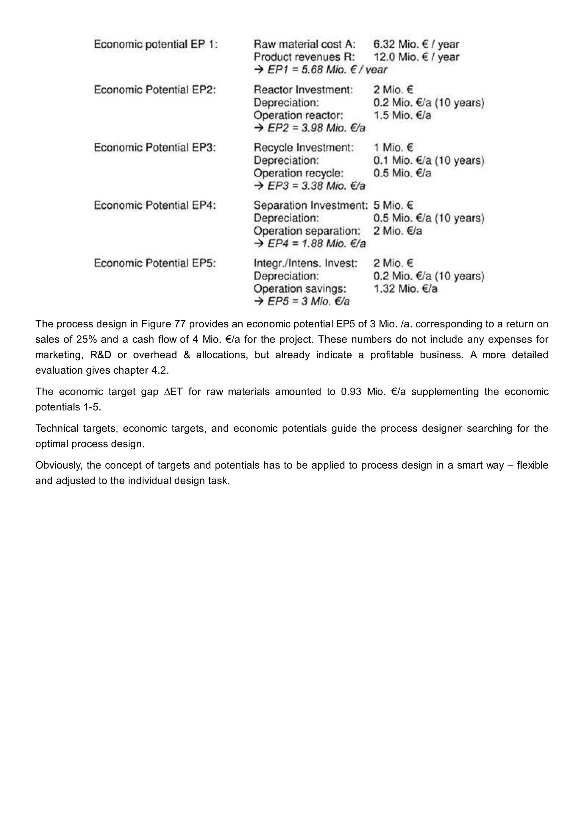 The process design in Figure 77 provides an economic potential EP5 of 3 Mio. /a. corresponding to a return on
sales of 25% and a cash flow of 4 Mio. €/a for the project. These numbers do not include any expenses for
marketing, R&D or overhead & allocations, but already indicate a profitable business. A more detailed
evaluation gives chapter 4.2.
The economic target gap ∆ET for raw materials amounted to 0.93 Mio. €/a supplementing the economic
potentials 1-5.
Technical targets, economic targets, and economic potentials guide the process designer searching for the
optimal process design.
Obviously, the concept of targets and potentials has to be applied to process design in a smart way – flexible
and adjusted to the individual design task.
 
