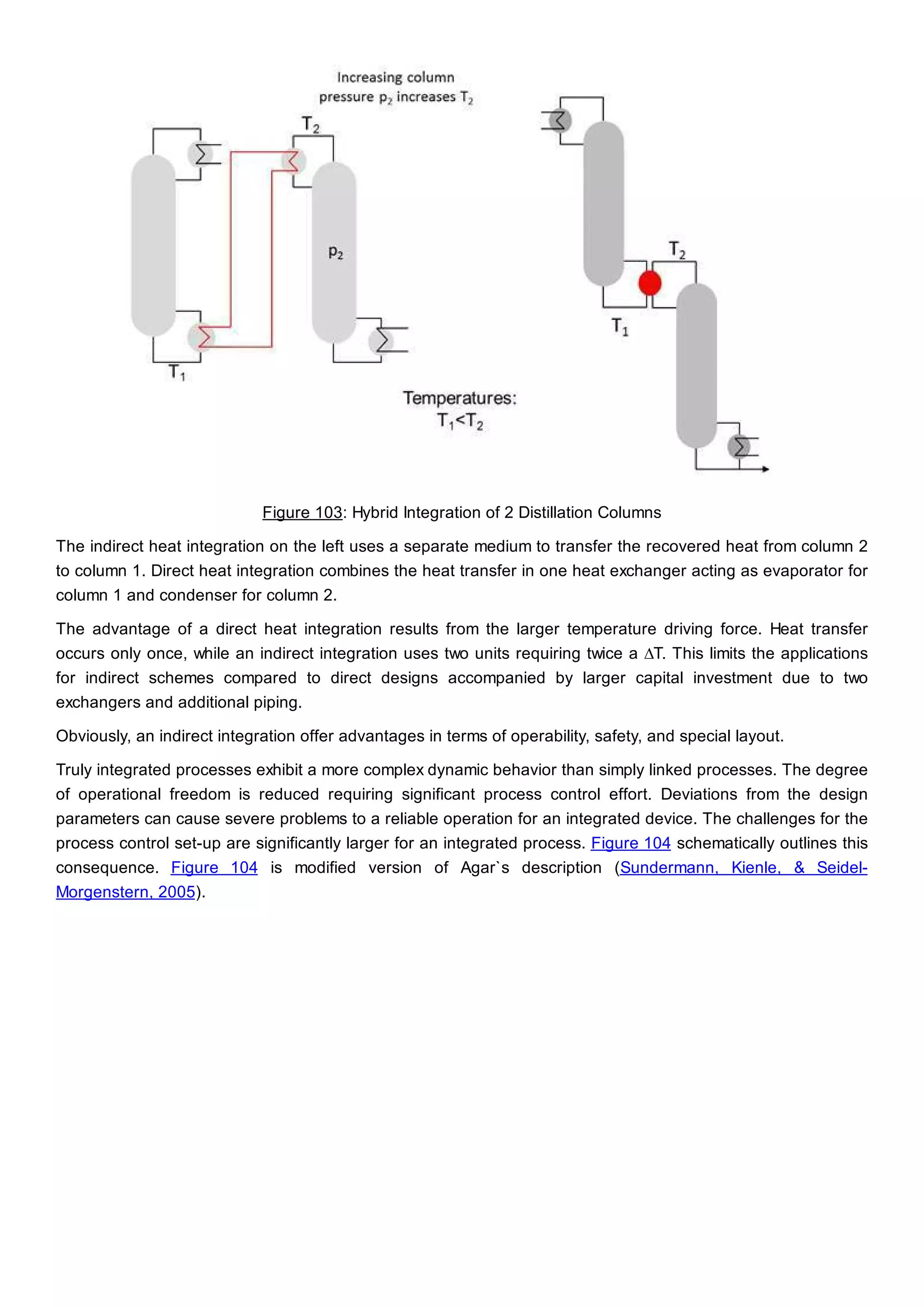 Figure 103: Hybrid Integration of 2 Distillation Columns
The indirect heat integration on the left uses a separate medium to transfer the recovered heat from column 2
to column 1. Direct heat integration combines the heat transfer in one heat exchanger acting as evaporator for
column 1 and condenser for column 2.
The advantage of a direct heat integration results from the larger temperature driving force. Heat transfer
occurs only once, while an indirect integration uses two units requiring twice a ∆T. This limits the applications
for indirect schemes compared to direct designs accompanied by larger capital investment due to two
exchangers and additional piping.
Obviously, an indirect integration offer advantages in terms of operability, safety, and special layout.
Truly integrated processes exhibit a more complex dynamic behavior than simply linked processes. The degree
of operational freedom is reduced requiring significant process control effort. Deviations from the design
parameters can cause severe problems to a reliable operation for an integrated device. The challenges for the
process control set-up are significantly larger for an integrated process. Figure 104 schematically outlines this
consequence. Figure 104 is modified version of Agar`s description (Sundermann, Kienle, & Seidel-
Morgenstern, 2005).
 