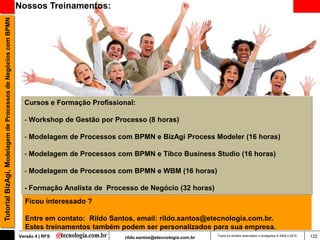 Tutorial BizAgi, Modelagem de Processos de Negócios com BPMN   Nossos Treinamentos:




                                                                 Cursos e Formação Profissional:

                                                                 - Workshop de Gestão por Processo (8 horas)

                                                                 - Modelagem de Processos com BPMN e BizAgi Process Modeler (16 horas)

                                                                 - Modelagem de Processos com BPMN e Tibco Business Studio (16 horas)

                                                                 - Modelagem de Processos com BPMN e WBM (16 horas)

                                                                 - Formação Analista de Processo de Negócio (32 horas)
                                                                 Ficou interessado ?

                                                                 Entre em contato: Rildo Santos, email: rildo.santos@etecnologia.com.br.
                                                                 Estes treinamentos também podem ser personalizados para sua empresa.
                                                               Versão 4 | RFS                rildo.santos@etecnologia.com.br   Todos os direitos reservados e protegidos © 2006 e 2010   122
 