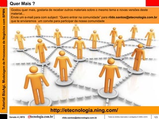 Tutorial BizAgi, Modelagem de Processos de Negócios com BPMN   Quer Mais ?
                                                                Gostou quer mais, gostaria de receber outros materiais sobre o mesmo tema e novas versões deste
                                                                material...
                                                                Envie um e-mail para com subject: “Quero entrar na comunidade” para rildo.santos@etecnologia.com.br
                                                                que te enviaremos um convite para participar da nossa comunidade




                                                                                          http://etecnologia.ning.com/
                                                               Versão 4 | RFS                     rildo.santos@etecnologia.com.br   Todos os direitos reservados e protegidos © 2006 e 2010   123
 