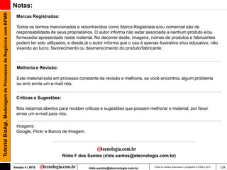 Tutorial BizAgi, Modelagem de Processos de Negócios com BPMN   Notas:
                                                                Marcas Registradas:

                                                                Todos os termos mencionados e reconhecidos como Marca Registrada e/ou comercial são de
                                                                responsabilidade de seus proprietários. O autor informa não estar associada a nenhum produto e/ou
                                                                fornecedor apresentado neste material. No decorrer deste, imagens, nomes de produtos e fabricantes
                                                                podem ter sido utilizados, e desde já o autor informa que o uso é apenas ilustrativo e/ou educativo, não
                                                                visando ao lucro, favorecimento ou desmerecimento do produto/fabricante.



                                                                 Melhoria e Revisão:

                                                                 Este material esta em processo constante de revisão e melhoria, se você encontrou algum problema
                                                                 ou erro envie um e-mail nós.


                                                                Criticas e Sugestões:

                                                                Nós estamos abertos para receber criticas e sugestões que possam melhorar o material, por favor
                                                                envie um e-mail para nós.

                                                                Imagens:
                                                                Google, Flickr e Banco de Imagem.




                                                                                        Rildo F dos Santos (rildo.santos@etecnologia.com.br)

                                                               Versão 4 | RFS                        rildo.santos@etecnologia.com.br   Todos os direitos reservados e protegidos © 2006 e 2010   124
 