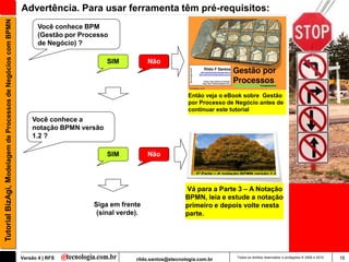 Tutorial BizAgi, Modelagem de Processos de Negócios com BPMN   Advertência. Para usar ferramenta têm pré-requisitos:
                                                                      Você conhece BPM
                                                                      (Gestão por Processo
                                                                      de Negócio) ?

                                                                                         SIM           Não



                                                                                                                       Então veja o eBook sobre Gestão
                                                                                                                       por Processo de Negócio antes de
                                                                                                                       continuar este tutorial
                                                                   Você conhece a
                                                                   notação BPMN versão
                                                                   1.2 ?

                                                                                         SIM           Não




                                                                                                                     Vá para a Parte 3 – A Notação
                                                                                                                     BPMN, leia e estude a notação
                                                                                     Siga em frente                  primeiro e depois volte nesta
                                                                                      (sinal verde).                 parte.




                                                               Versão 4 | RFS                     rildo.santos@etecnologia.com.br      Todos os direitos reservados e protegidos © 2006 e 2010   16
 