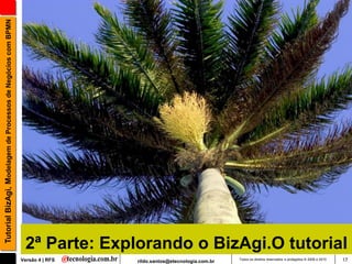 Tutorial BizAgi, Modelagem de Processos de Negócios com BPMN




                                                                2ª Parte: Explorando o BizAgi.O tutorial
                                                               Versão 4 | RFS   rildo.santos@etecnologia.com.br   Todos os direitos reservados e protegidos © 2006 e 2010   17
 