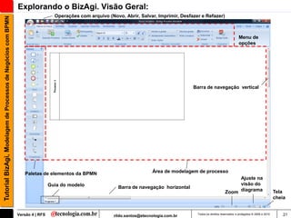 Explorando o BizAgi. Visão Geral:
                                                                                  Operações com arquivo (Novo, Abrir, Salvar, Imprimir, Desfazer e Refazer)
Tutorial BizAgi, Modelagem de Processos de Negócios com BPMN



                                                                                                                                                                              Menu de
                                                                                                                                                                              opções




                                                                                                                                             Barra de navegação vertical




                                                                  Paletas de elementos da BPMN                               Área de modelagem de processo
                                                                                                                                                                        Ajuste na
                                                                                Guia do modelo                                                                          visão do
                                                                                                             Barra de navegação horizontal
                                                                                                                                                                   Zoom diagrama                         Tela
                                                                                                                                                                                                         cheia


                                                               Versão 4 | RFS                              rildo.santos@etecnologia.com.br     Todos os direitos reservados e protegidos © 2006 e 2010       21
 