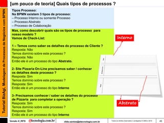 Tutorial BizAgi, Modelagem de Processos de Negócios com BPMN   [um pouco de teoria] Quais tipos de processos ?
                                                                Tipos Processo:
                                                                Na BPMN existem 3 tipos de processo:
                                                                – Processo Interno ou somente Processo
                                                                – Processo Abstrato
                                                                – Processo de Colaboração
                                                                Mas, como descobrir quais são os tipos de processo para
                                                                nosso modelo ?
                                                                Vamos de Check-List:                                                      Interno
                                                                1 – Temos como saber os detalhes do processo de Cliente ?
                                                                Resposta: Não
                                                                Temos domínio sobre este processo ?
                                                                Resposta: Não
                                                                Então ele é um processo do tipo Abstrato.

                                                                2- Site Pizzaria On-Line precisamos saber / conhecer
                                                                os detalhes deste processo ?
                                                                Resposta: Sim
                                                                Temos domínio sobre este processo ?
                                                                Resposta: Sim
                                                                Então ele é um processo do tipo Interno

                                                                3- Precisamos conhecer / saber os detalhes do processo
                                                                de Pizzaria para completar a operação ?
                                                                Resposta: Sim                                                               Abstrato
                                                                Temos domínio sobre este processo ?
                                                                Resposta: Sim
                                                                Então ele é um processo do tipo Interno
                                                               Versão 4 | RFS                    rildo.santos@etecnologia.com.br   Todos os direitos reservados e protegidos © 2006 e 2010   45
 