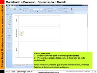 Tutorial BizAgi, Modelagem de Processos de Negócios com BPMN   Modelando o Processo. Desenhando o Modelo:




                                                                                  Coisas para fazer:
                                                                                  1 - Coloque um Pool para os demais participantes
                                                                                  2 – Preencha as propriedades nome e descrição de cada
                                                                                  participante

                                                                                  Neste momento, mesmo que de uma forma simples, estamos
                                                                                  fazendo a documentação do processo.

                                                               Versão 4 | RFS        rildo.santos@etecnologia.com.br   Todos os direitos reservados e protegidos © 2006 e 2010   46
 