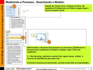 Tutorial BizAgi, Modelagem de Processos de Negócios com BPMN   Modelando o Processo. Desenhando o Modelo:
                                                                           1                               Depois do evento inicio, coloque um fluxo de
                                                                                                           seqüência [1] Selecionar na Paleta e depois ligar o
                                                                                                           fluxo ao evento iniciar.




                                                                                2

                                                                                                                3


                                                                                    Adicionando o elemento Sub-processo no processo, [2] Selecione o
                                                                                    Sub-processo reutilizável na Paleta e coloque após o fluxo de
                                                                                    seqüência.

                                                                                    3 – Para terminar, adicione o evento final, agora vamos utilizar o
                                                                                    recurso de IntelliSense para fazer isto.

                                                                                    O primeiro processo já desenhado, contudo ainda falta as propriedades.


                                                               Versão 4 | RFS                 rildo.santos@etecnologia.com.br   Todos os direitos reservados e protegidos © 2006 e 2010   48
 
