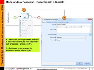 Tutorial BizAgi, Modelagem de Processos de Negócios com BPMN   Modelando o Processo. Desenhando o Modelo:

                                                                                  4



                                                                                                                                   5




                                                               4 - Selecione o sub-processo e clique
                                                               o botão direito mouse ou Selecione o
                                                               sub-processo e pressione F4.

                                                               5 – Defina as propriedades do
                                                               elemento: Nome e Descrição.




                                                               Versão 4 | RFS                    rildo.santos@etecnologia.com.br   Todos os direitos reservados e protegidos © 2006 e 2010   49
 