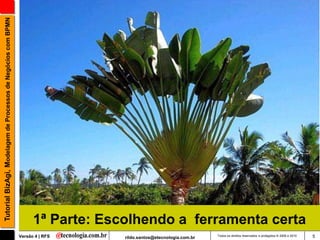 Tutorial BizAgi, Modelagem de Processos de Negócios com BPMN




                                                                     1ª Parte: Escolhendo a ferramenta certa
                                                               Versão 4 | RFS     rildo.santos@etecnologia.com.br   Todos os direitos reservados e protegidos © 2006 e 2010   5
 