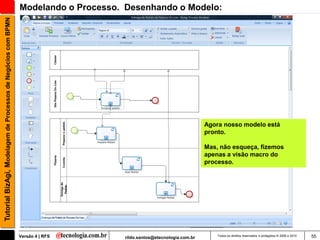 Tutorial BizAgi, Modelagem de Processos de Negócios com BPMN   Modelando o Processo. Desenhando o Modelo:




                                                                                                                      Agora nosso modelo está
                                                                                                                      pronto.

                                                                                                                      Mas, não esqueça, fizemos
                                                                                                                      apenas a visão macro do
                                                                                                                      processo.




                                                               Versão 4 | RFS       rildo.santos@etecnologia.com.br       Todos os direitos reservados e protegidos © 2006 e 2010   55
 