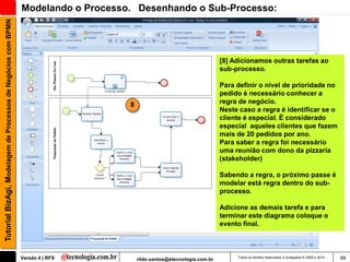 Tutorial BizAgi, Modelagem de Processos de Negócios com BPMN   Modelando o Processo. Desenhando o Sub-Processo:




                                                                                                                         [8] Adicionamos outras tarefas ao
                                                                                                                         sub-processo.

                                                                                                                         Para definir o nível de prioridade no
                                                                                                                         pedido é necessário conhecer a
                                                                                   8                                     regra de negócio.
                                                                                                                         Neste caso a regra é identificar se o
                                                                                                                         cliente é especial. É considerado
                                                                                                                         especial aqueles clientes que fazem
                                                                                                                         mais de 20 pedidos por ano.
                                                                                                                         Para saber a regra foi necessário
                                                                                                                         uma reunião com dono da pizzaria
                                                                                                                         (stakeholder)

                                                                                                                         Sabendo a regra, o próximo passe é
                                                                                                                         modelar está regra dentro do sub-
                                                                                                                         processo.

                                                                                                                         Adicione as demais tarefa e para
                                                                                                                         terminar este diagrama coloque o
                                                                                                                         evento final.



                                                               Versão 4 | RFS          rildo.santos@etecnologia.com.br        Todos os direitos reservados e protegidos © 2006 e 2010   68
 