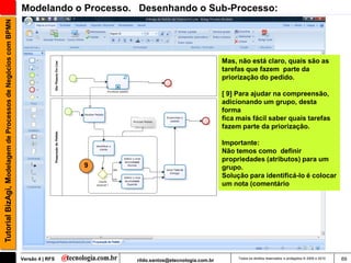 Tutorial BizAgi, Modelagem de Processos de Negócios com BPMN   Modelando o Processo. Desenhando o Sub-Processo:




                                                                                                                      Mas, não está claro, quais são as
                                                                                                                      tarefas que fazem parte da
                                                                                                                      priorização do pedido.

                                                                                                                      [ 9] Para ajudar na compreensão,
                                                                                                                      adicionando um grupo, desta
                                                                                                                      forma
                                                                                                                      fica mais fácil saber quais tarefas
                                                                                                                      fazem parte da priorização.

                                                                                                                      Importante:
                                                                                                                      Não temos como definir
                                                                                                                      propriedades (atributos) para um
                                                                                9                                     grupo.
                                                                                                                      Solução para identificá-lo é colocar
                                                                                                                      um nota (comentário




                                                               Versão 4 | RFS       rildo.santos@etecnologia.com.br        Todos os direitos reservados e protegidos © 2006 e 2010   69
 