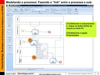 Tutorial BizAgi, Modelagem de Processos de Negócios com BPMN   Modelando o processo: Fazendo o “link” entre o processo e sub:




                                                                                                                            [11] Selecione o sub-processo
                                                                                                                            e clique no botão direito do
                                                                                                                            mouse ou tecle F4.

                                                                                                                            [12] Selecione a opção
                                                                                                                            Propriedades

                                                                                11




                                                                                     12




                                                               Versão 4 | RFS             rildo.santos@etecnologia.com.br    Todos os direitos reservados e protegidos © 2006 e 2010   72
 